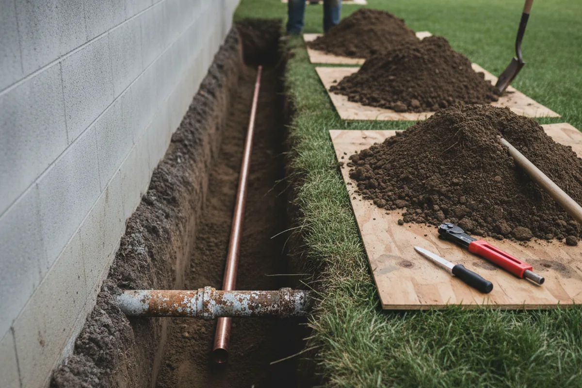 Excavated water line trench during Sewer Line Repair in Ages Brookside